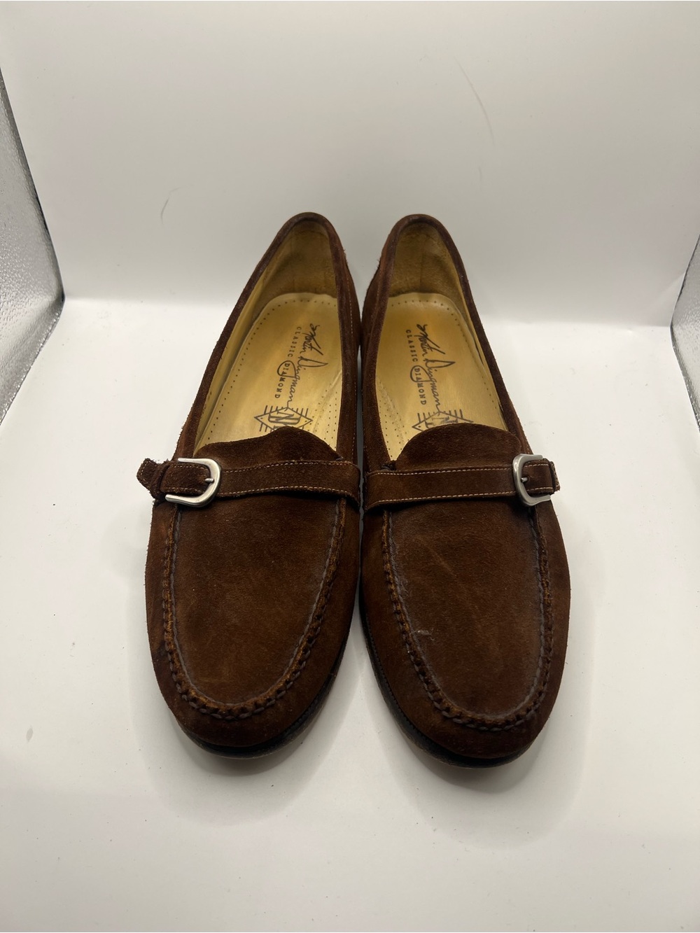 Martin Dingman Brown Suede Loafers with Silver Buckle